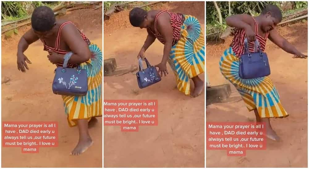 Photos of a woman dancing with a handbag.