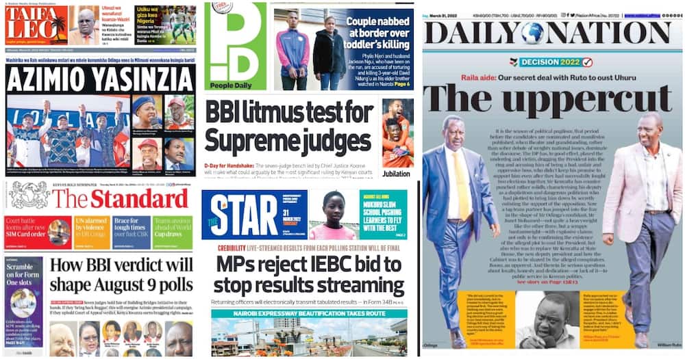 Kenyan newspapers. Photo: Screengrabs from The Standard, Daily Nation, The Star, People Daily and Taifa Leo.