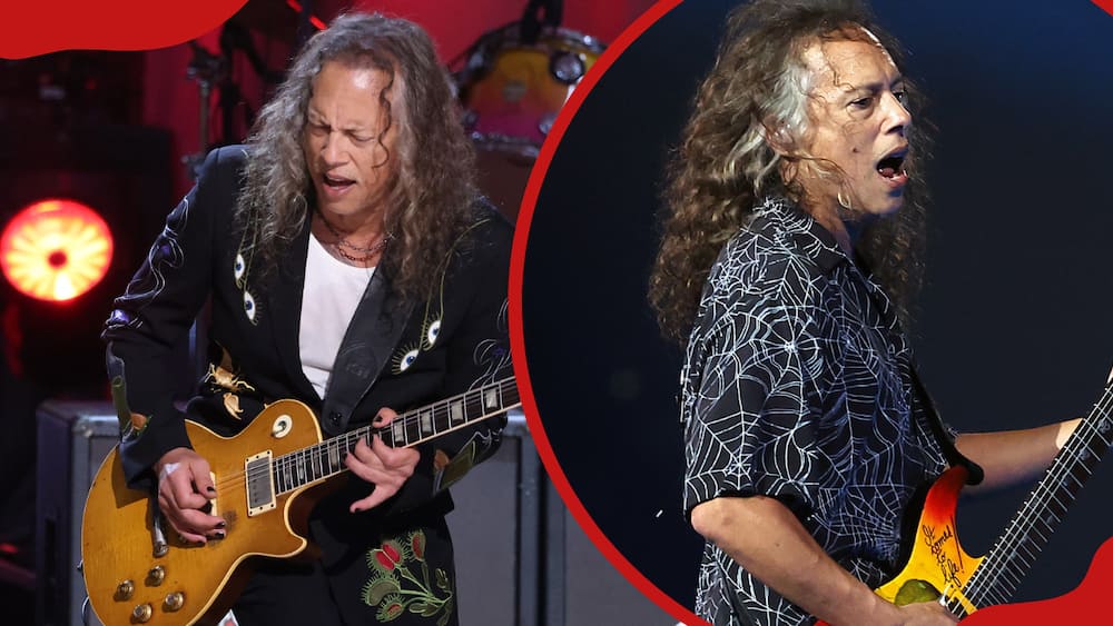 Kirk Hammett performs onstage during the Power Trip music festival at the Empire Polo Club in Indio, California (L). Kirk performs onstage at SoFi Stadium (R)