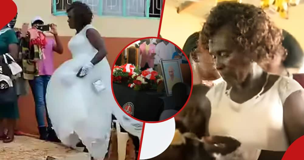 Kirinyaga woman, Beatrice Muthoni (pictured in r and l frames) in a white gown at her wedding. Insert shows a casket carrying the body of Muthoni's husband.
