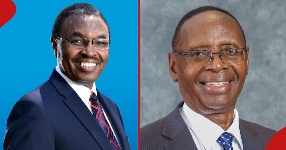 Family Bank incoming Board Chairman Arch. Francis Gitau Mungai (l) and outgoing Board Chairman Dr. Wilfred Kiboro.