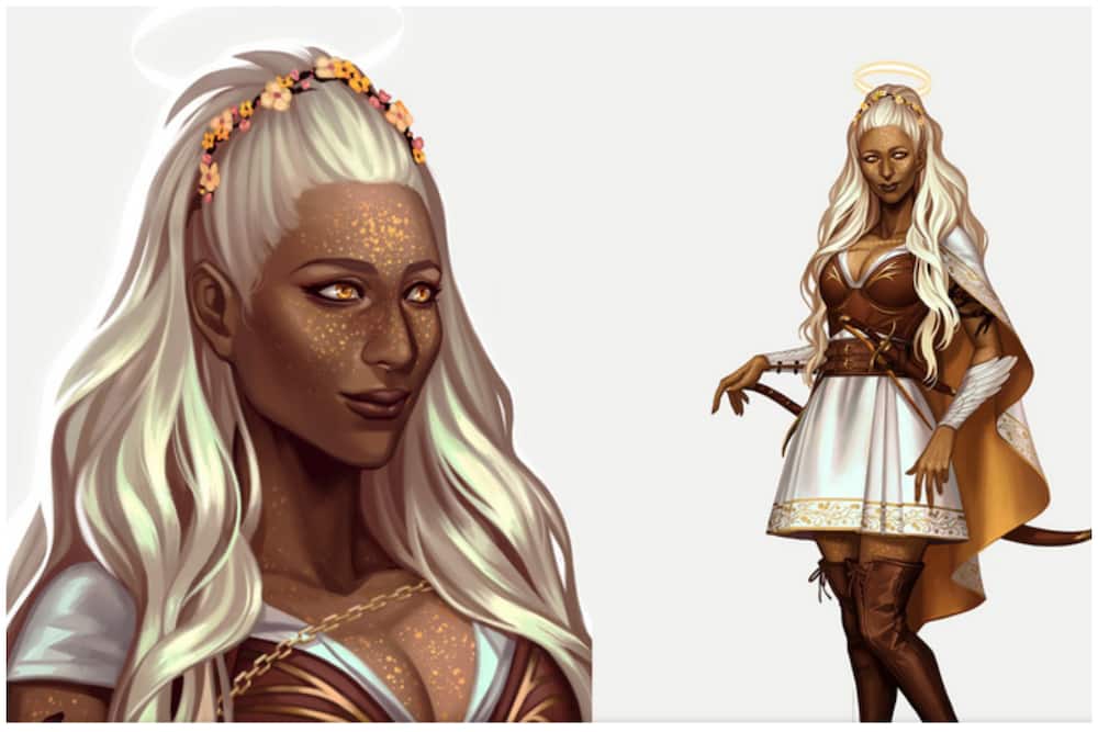 The official character portrait of Mica Burton's Aasimar Reani.