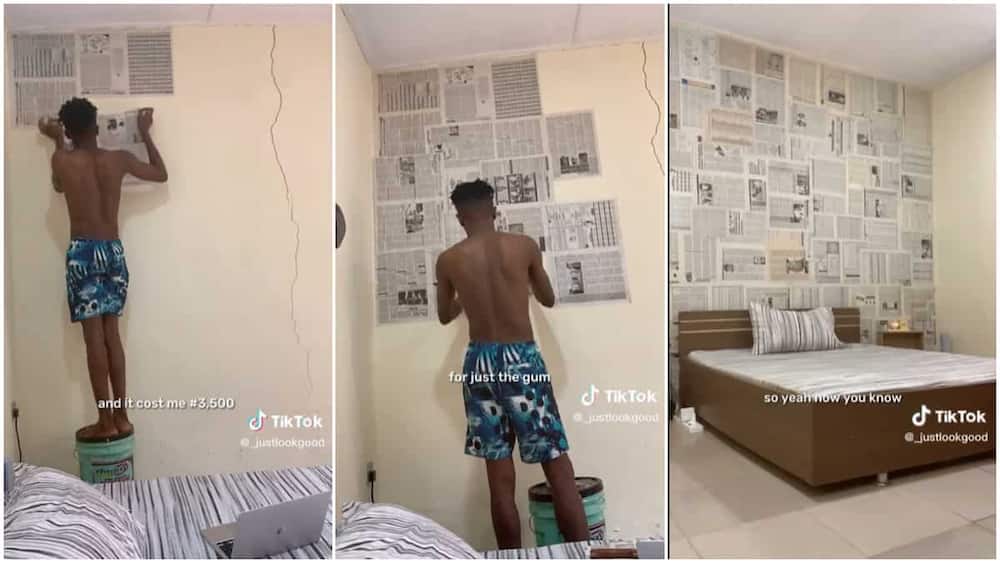 The young man used old newspapers to decorate his room.
