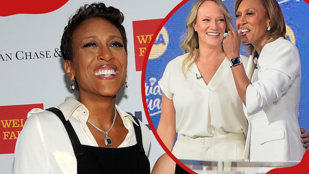 Amber Laign and her spouse Robin Roberts are seen on set of "Good Morning America"
