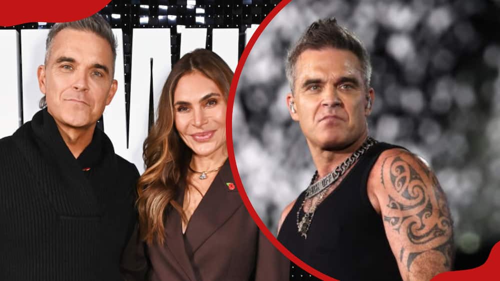 A collage of Robbie Williams and his wife, Ayda Field, at the pop-up launch of his Netflix Documentary Series and Robbie Williams at a concert in in Munich, Germany