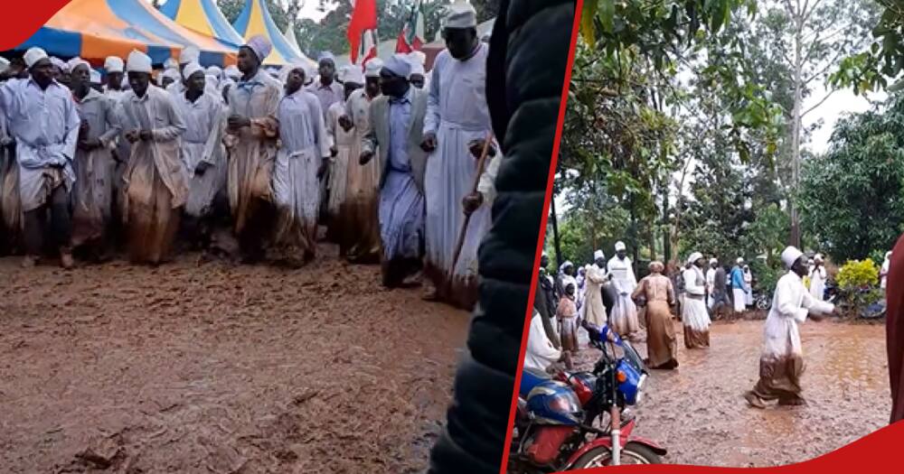 Church members were captured in a video dancing in mud staining their pristine white outfits with muddy water
