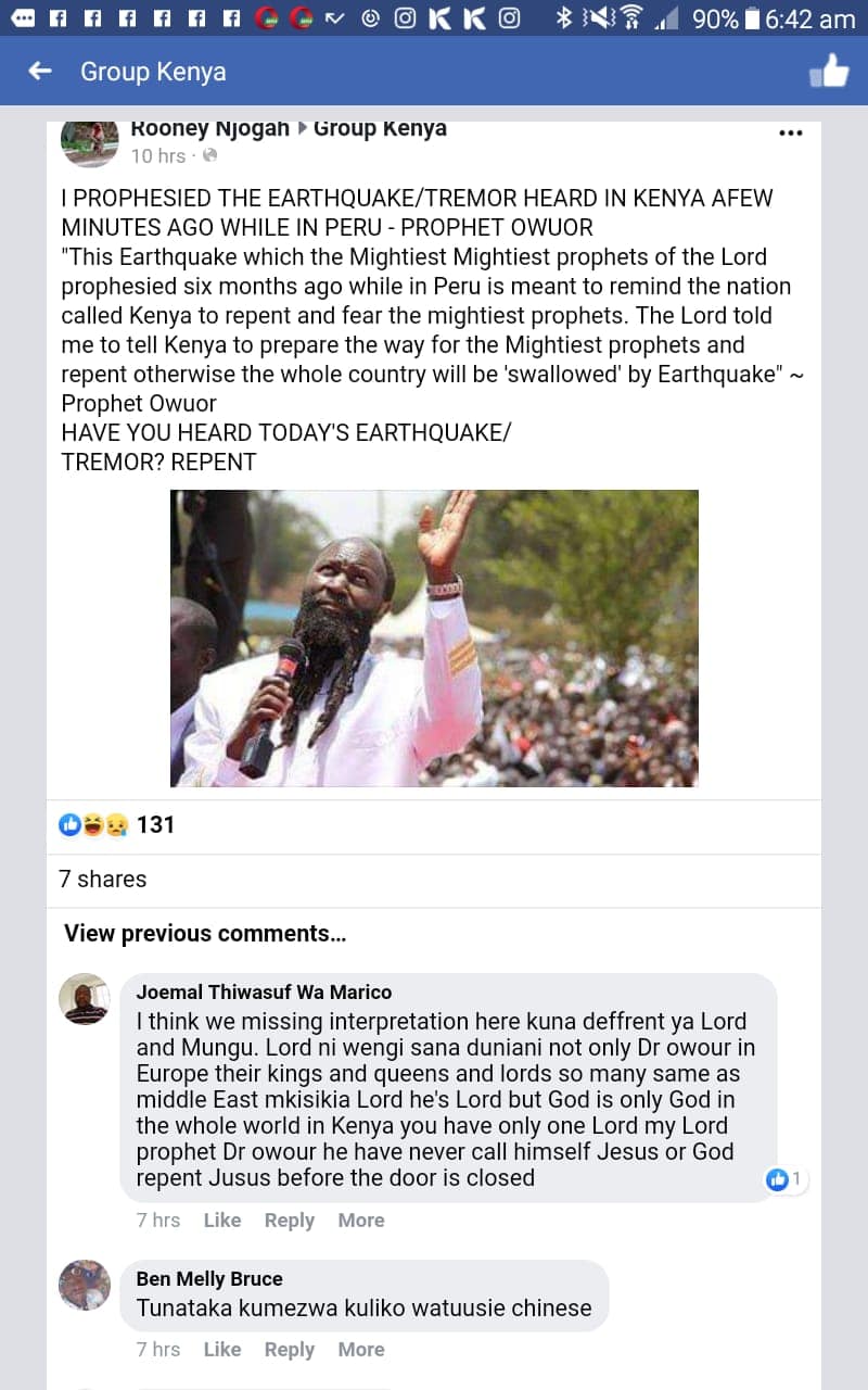 Prophet Owuor claims he foresaw earthquake that shook Kenya on Sunday 24