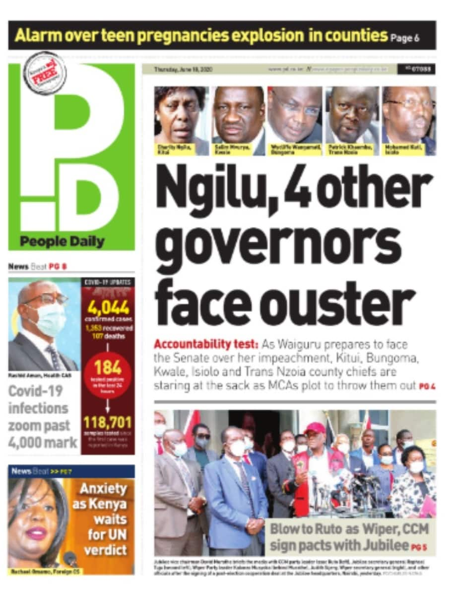 Kenyan newspapers review for June 18: Governor Ngilu, 4 others stare at impeachment as MCAs begin signature collection