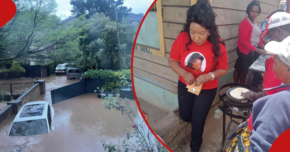 Agnes Kagure (r) and flooded estate in Nairobi (l)
