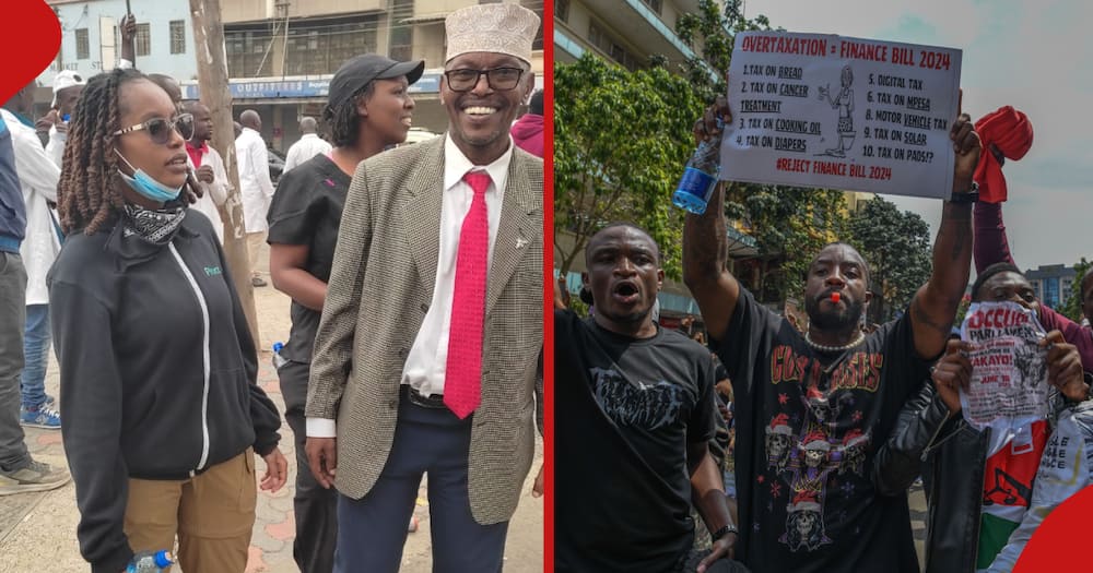 Lawyer Lempaa Soyinka with his daughter during the Anti-Finance Bill 2024 protests in Nairobi (l). People gather to stage a demonstration against the Financial Bill for 2024 and tax increases as they march towards the parliament building in Nairobi (r).