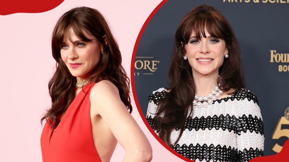 Zooey Deschanel at the Fashion Trust USA Awards 2024 (L) and at the 51st annual Daytime Emmys Awards (R)