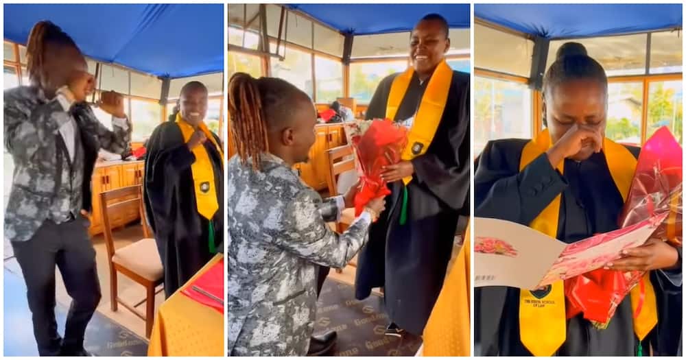 David Moya surprises graduating lawyer with flowers and a card from mum who lives abroad.