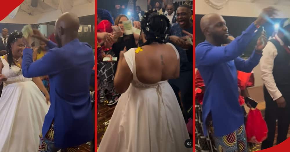 Larry Madowo (in blue shirt) sprays bride with money.