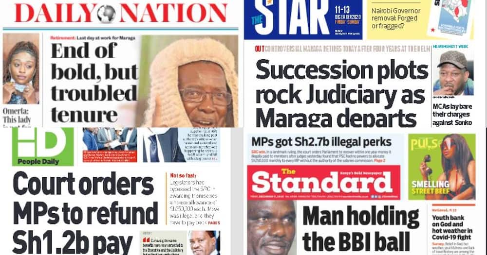 Kenyan newspaper review for December 11: 5 top judges in the race to succeed CJ Maraga as succession intrigues rock Judiciary