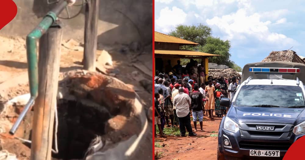Picture of the borehole(l) and a picture of a police vehicle surrounded by a crowd.