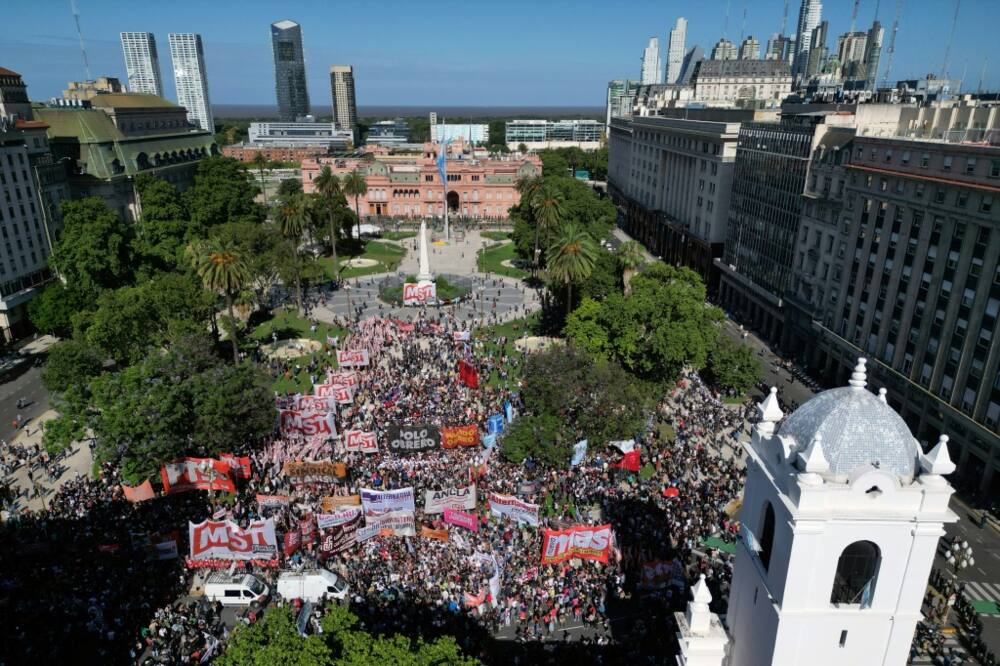 Argentine protesters congregate at Plaza de Mayo Square outside the presidential palace in Buenos Aires as part of the first demonstration against the new government of Javier Milei