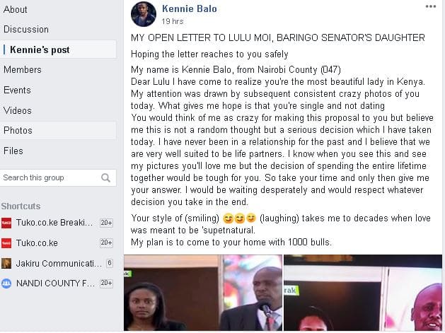 Kenyan man pens love letter to Gideon Moi's daughter Lulu begging for her hand in marriage