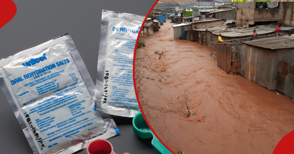 Oral Rehydration Salts packets (l) and flooded Nairobi slums