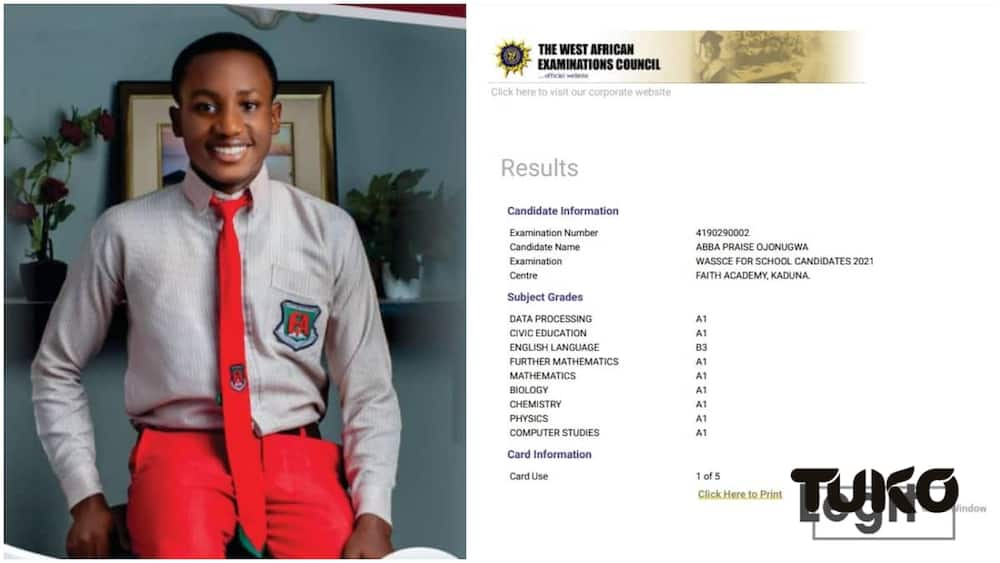 Praise scored A1 in eight WAEC subjects.