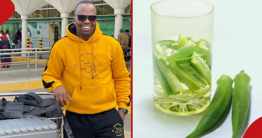 MC Jessy photographed while travelling to Australia (left). Photo of a glass of okra water (right)