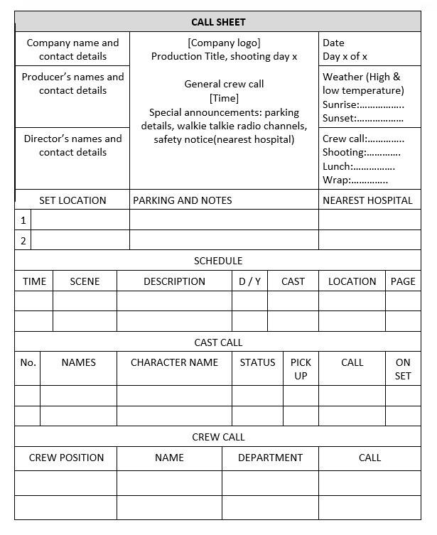 Simple call sheet template