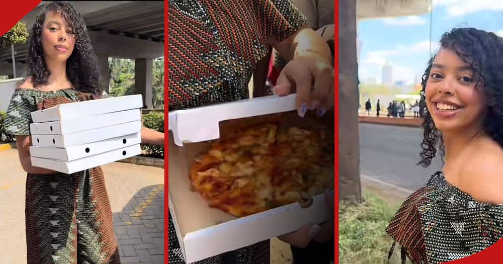 A pretty Kenyan hotelier @aminaprcc (left and right) shares pizza to protesters (centre).