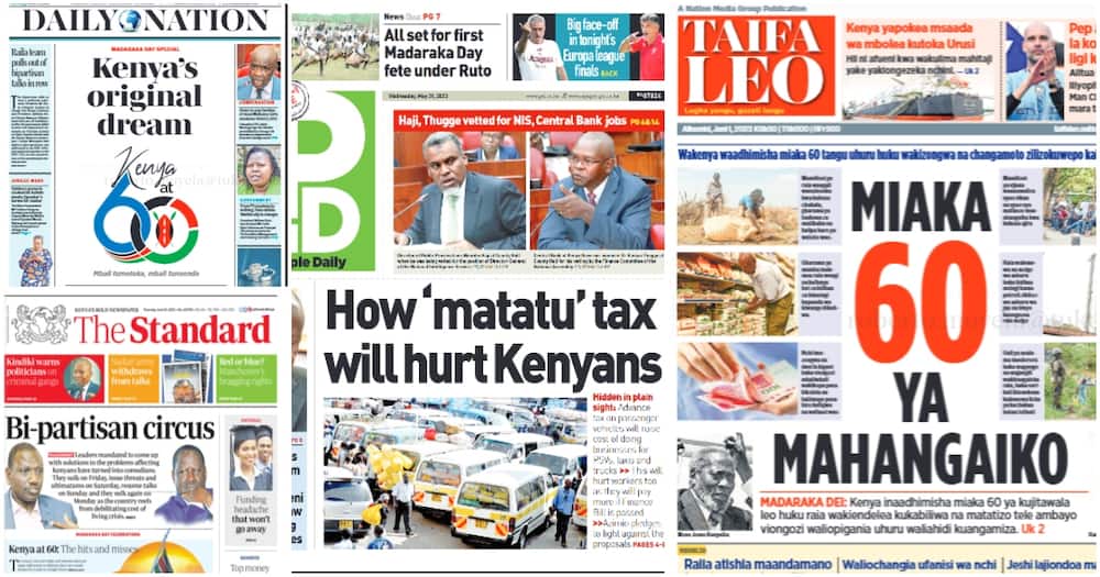Kenyan newspapers. Photo: Screengrabs from The Standard, Daily Nation, People Daily and Taifa Leo.