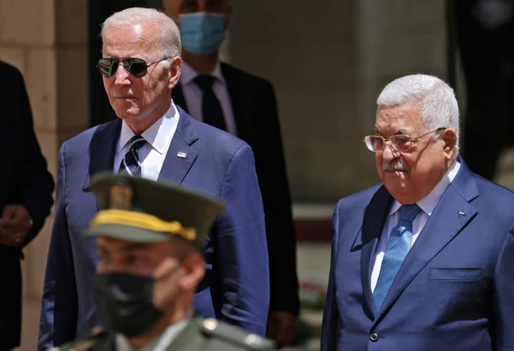 US President Joe Biden is received by Palestinian President Mahmud Abbas in Bethlehem