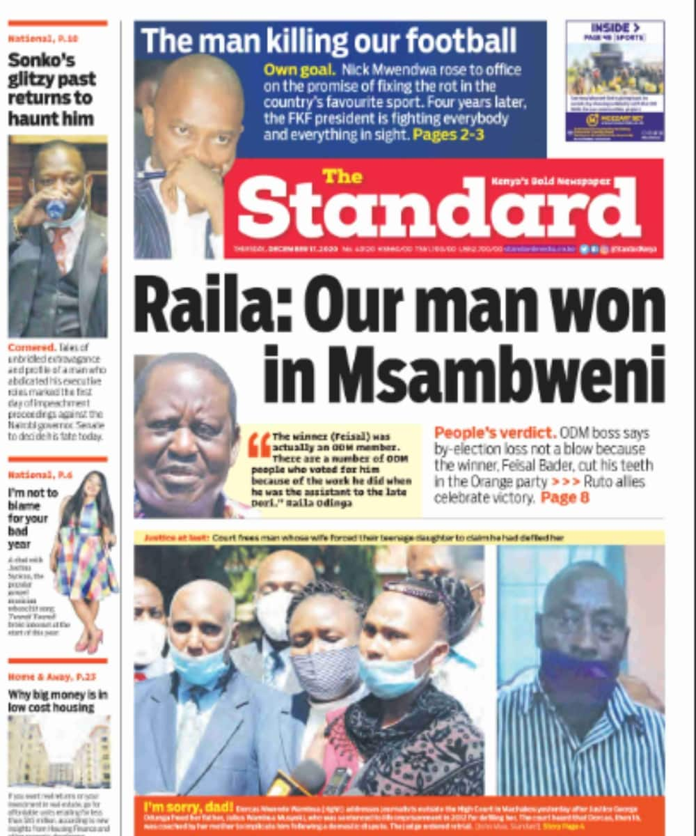 Kenyan newspapers review for December 17: Raila Odinga says ODM won Msambweni by-election