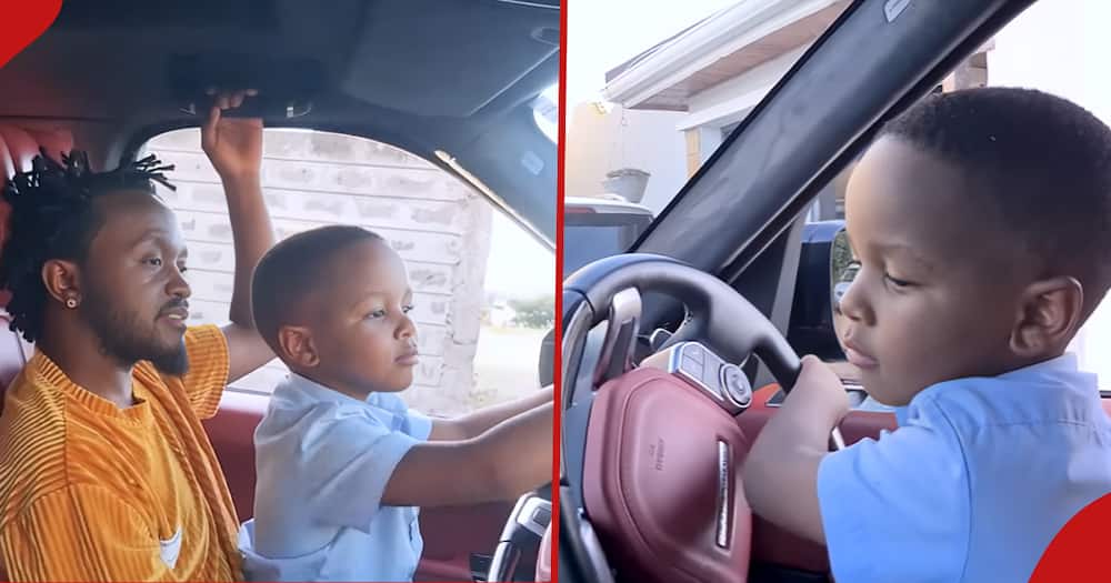 Kevin Bahati looking as his son Majesty steers their car (l). Majesty parking the car at home (r).
