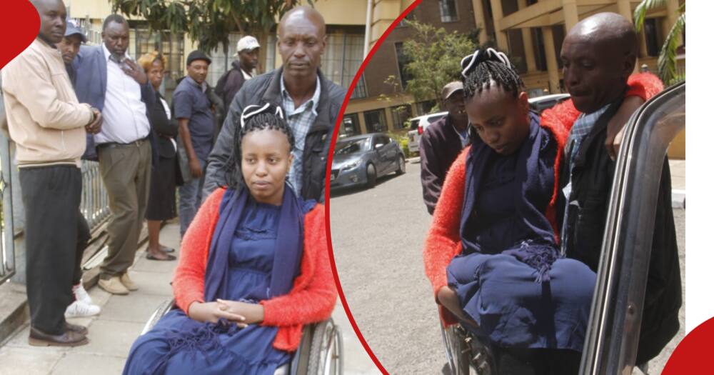 A photo collage showing Rachel Wanjiru's father assisting her to alight from a car and get into the courtroom.
