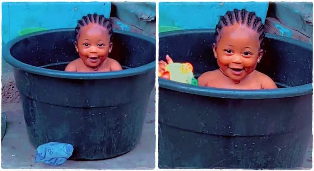 Photos of a beautiful baby girl sitting inside a basin.