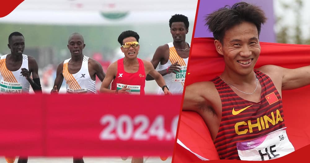 Willy Mnangat, Robert Keter, He Jie and Dejene Bikila (Left frame). He Jie (right frame). Chinese marathoner who was allegedly assisted to win Beijing Half Marathon.