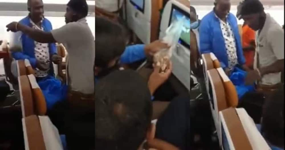 Mubiru selling grasshoppers inside the plane. Photo screengrabs from Sudhir.