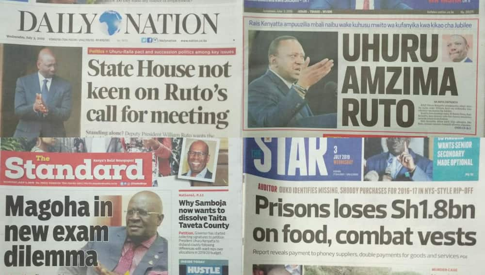 Magazeti ya Kenya Jumatano, Julai 3: Ombi la DP William Ruto lapuziliwa mbali na Rais Uhuru Kenyatta