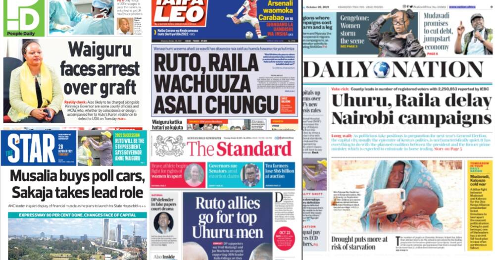 Kenyan newspapers. Photo: Screengrabs from The Standard, Daily Nation, The Star, People Daily and Taifa Leo.