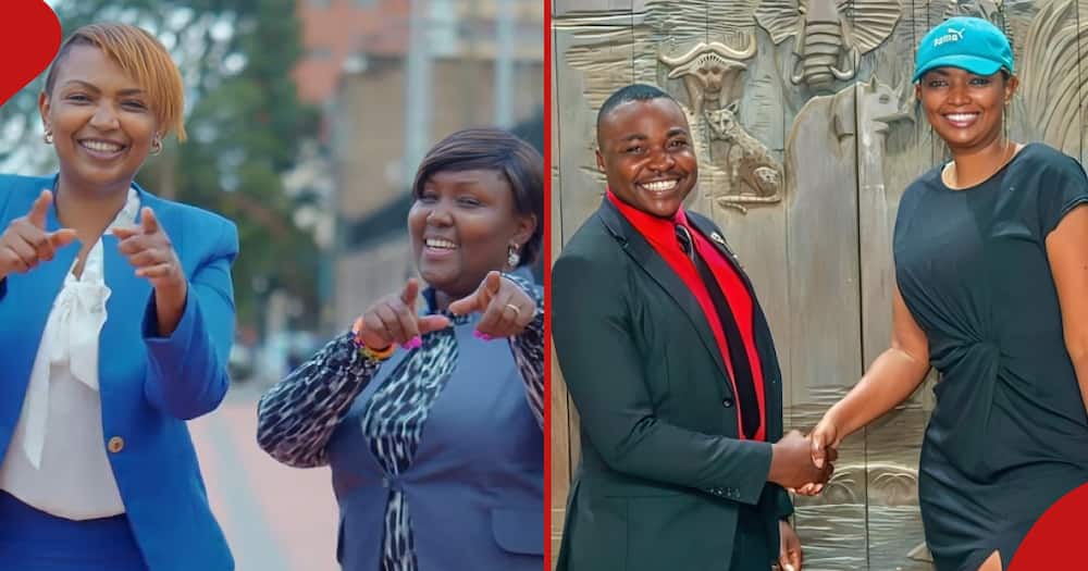 Karen Nyamu with a lady during the shoot of Waambie Watulie music video (left). Nyamu with the composer of the hit Fire Bwize (right).