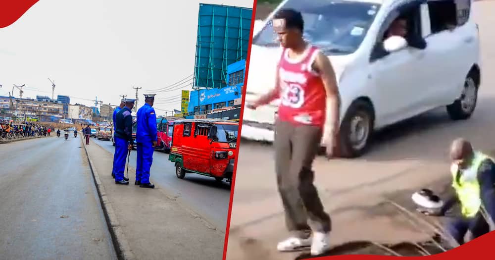Collage of police officers manning traffic (l) and man who attacked an officer in Kasarani (r)
