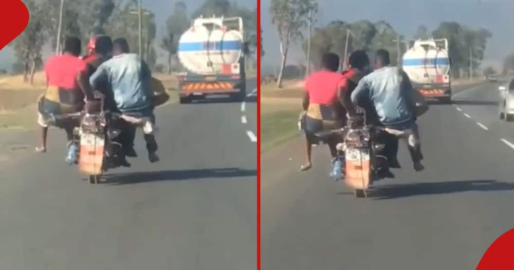 Boda boda rider rides overloaded bike ferrying passengers balancing precariously.
