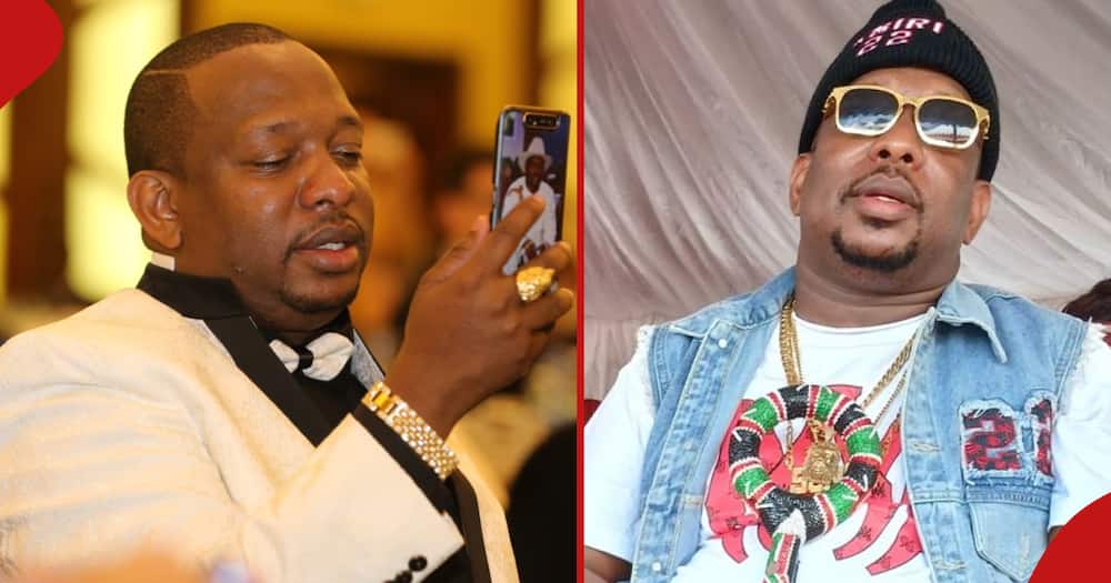 Mike Sonko looks at his phone(left). He graces an occasion (right).