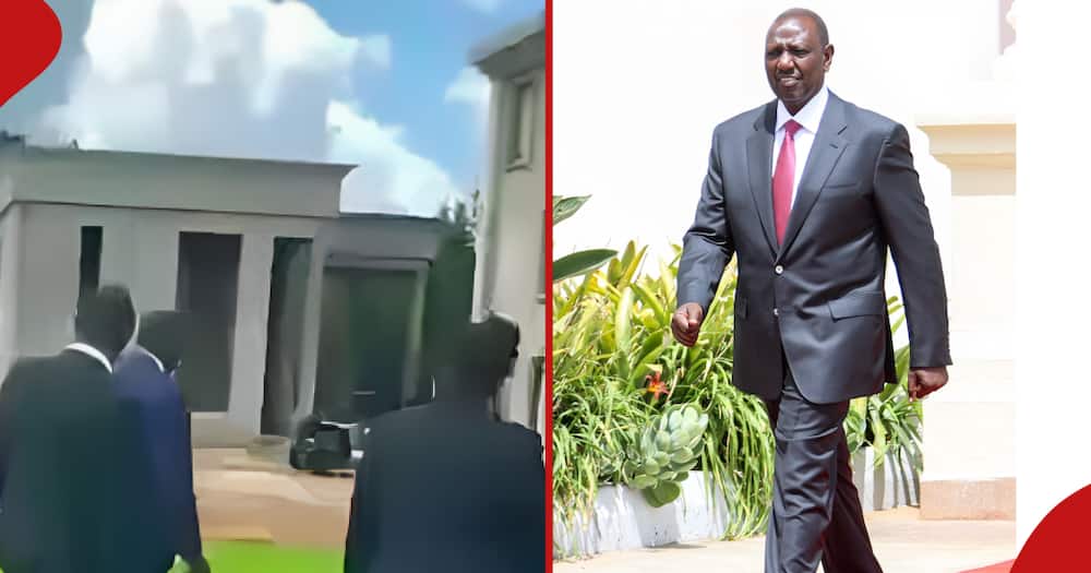 President Ruto and dignitaries walk into his Koilel Farm (l), while (r) is Ruto at state house.