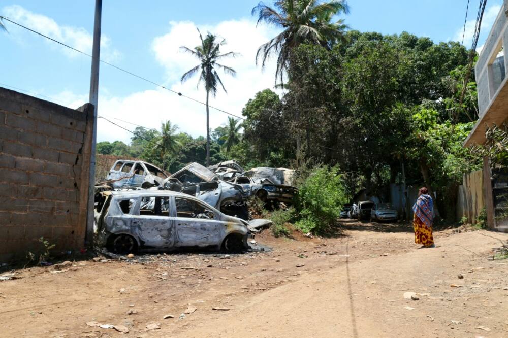 Burned-out cars as a result of ongoing gang violence in the main town in Mayotte