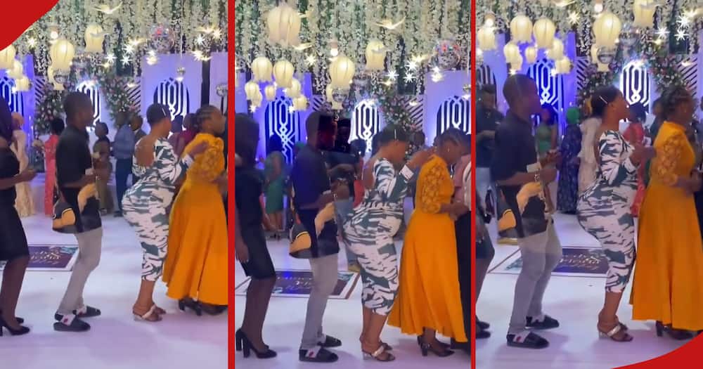 A young man avoids dancing with a curvy woman at a wedding.