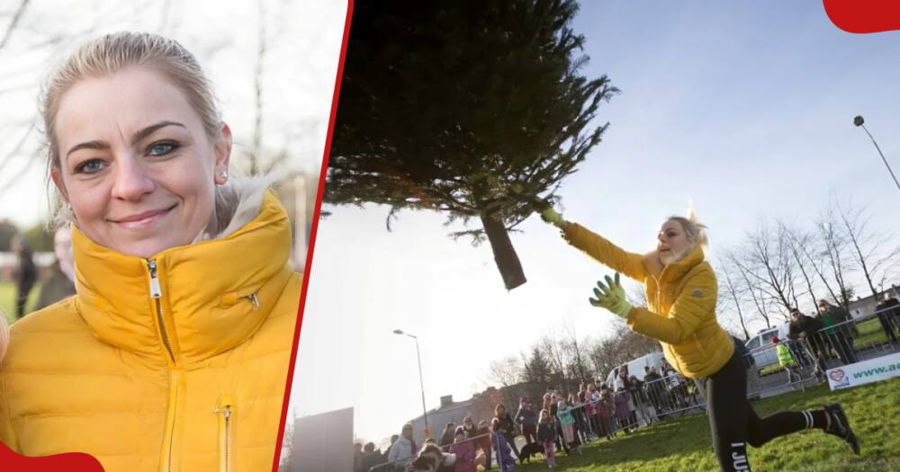 Kamila hurling a Christmas tree during a tree throwing competition in 2018.