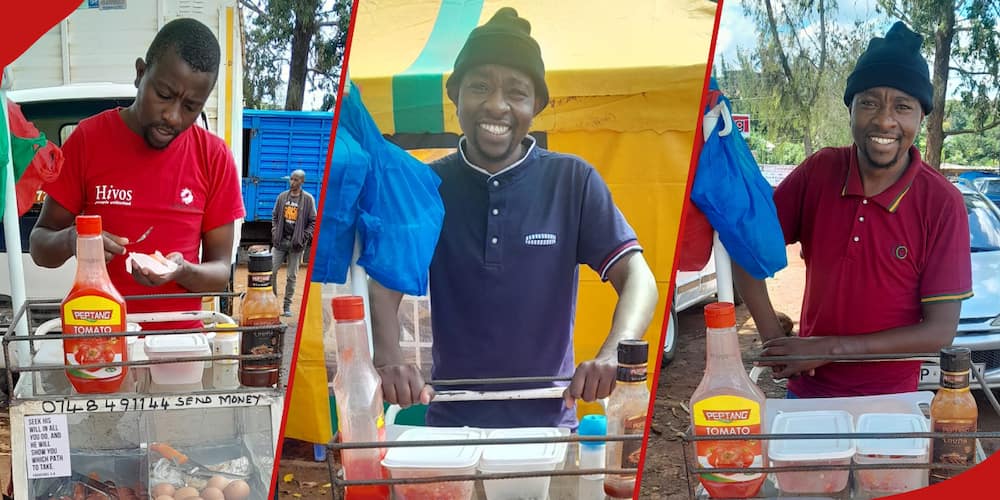 Collage of Macharia Wangui with his food trolley on different days.