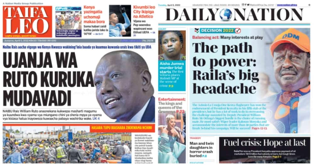 Kenyan Newspapers For April 5: The UDA party will produce its presidential pair in the August 9 General Election.