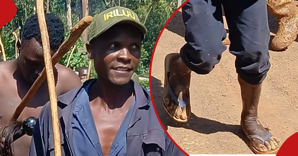 A collage photo showing Boni Khalale's fighter bull's caretaker Kizito Moi Amukune and his footgear