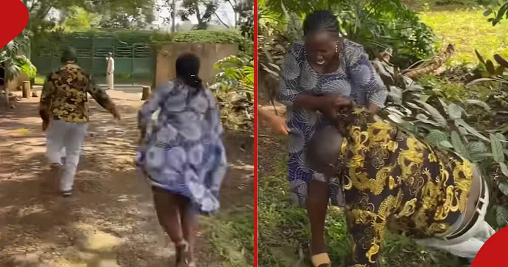 Kenyan man takes off, falls to ground while running away from his two wives.