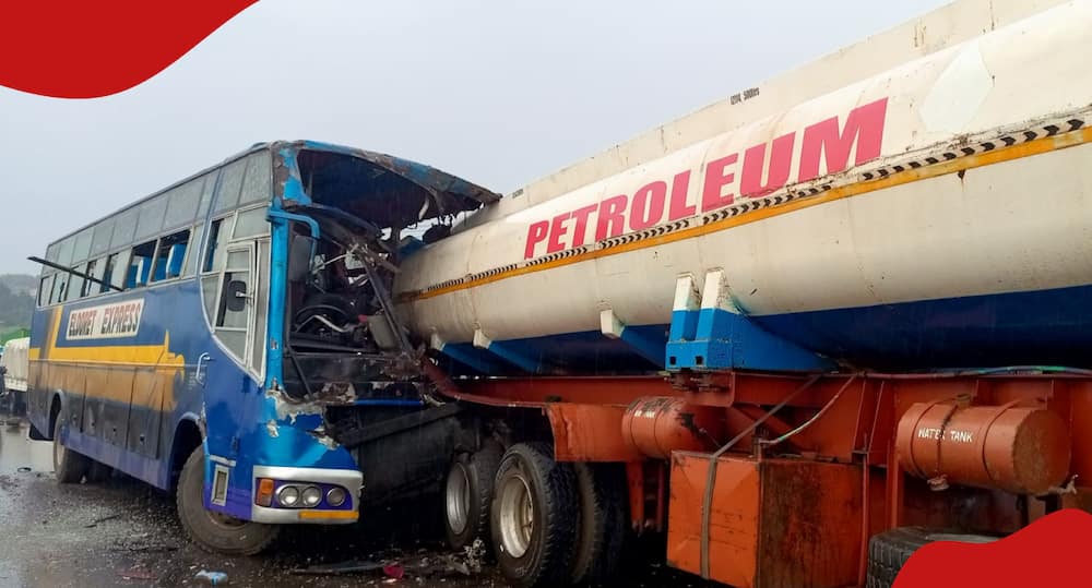 Aftermath of accident between fuel tanker and Eldoret Express bus.