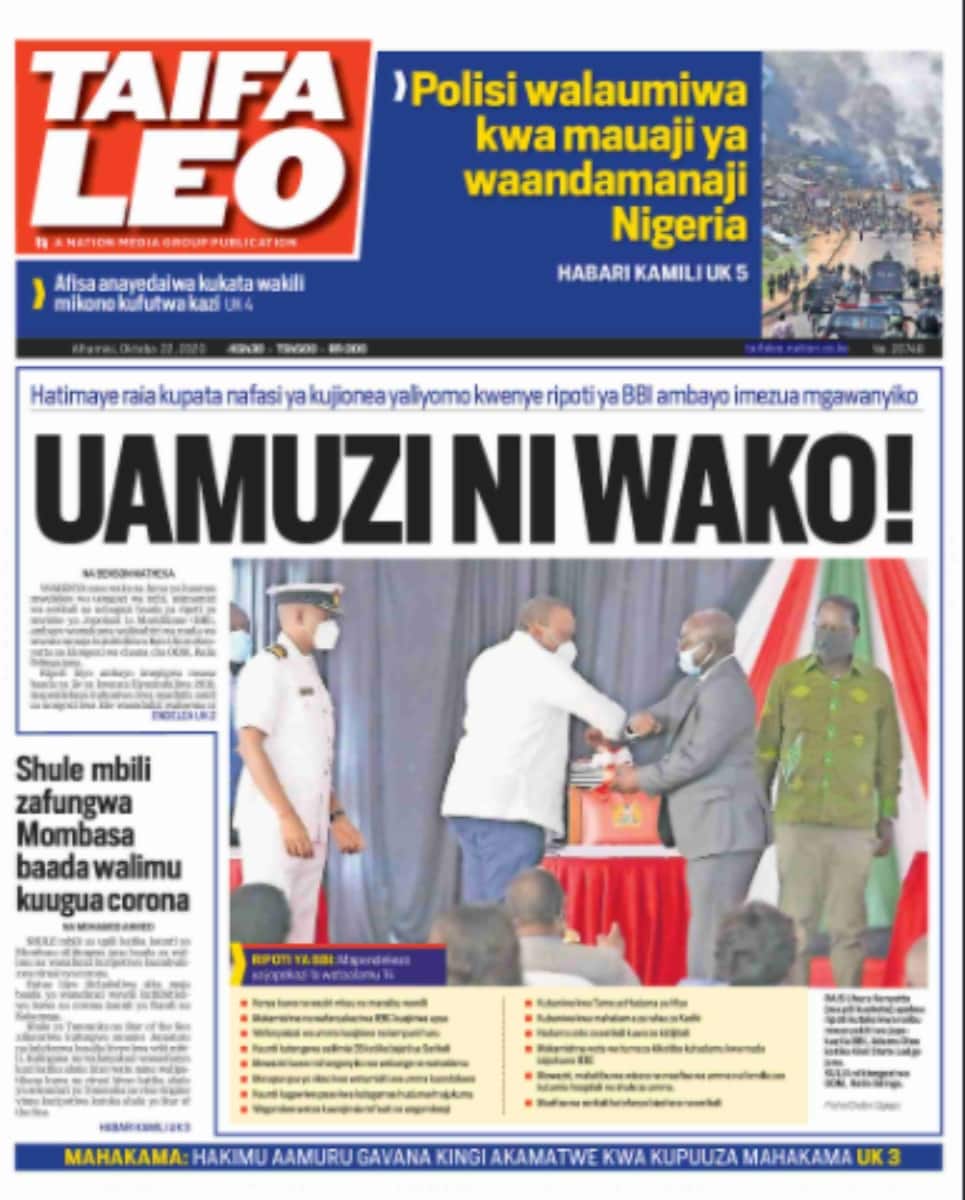 Kenyan newspapers review for Oct 22: Gains and pains of final BBI report